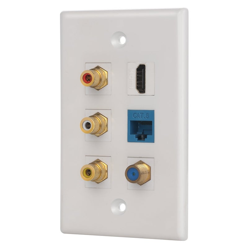 IBL- 6 Port Wall Plate with 3 RCA+F coaxial Cable TV+Cat6 ethernet+HDMI Female to Female in White - Image 1